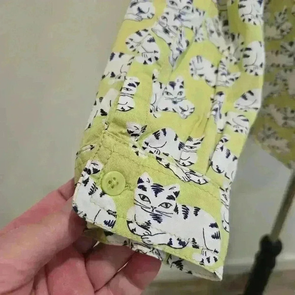 Beach Lunch Lounge Long Sleeve Button-up Cat print Shirt Blouse Women's SP - Picture 5 of 9